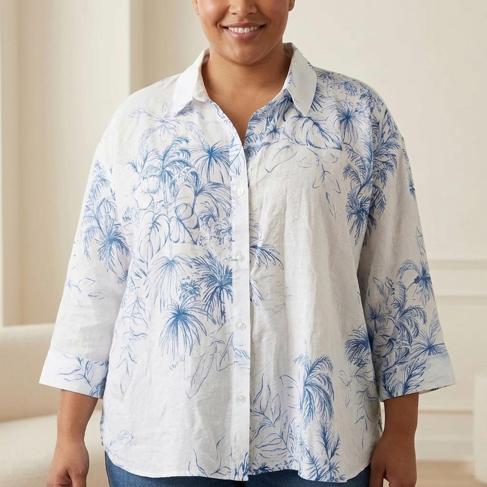 Vince Camuto White and Blue Floral Button-Up Shirt Size XL